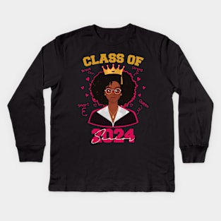 Class of 2024 Black Queen Afro Girl Graduation Senior Kids Long Sleeve T-Shirt